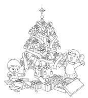 coloriage les enfants ouvrent leurs cadeaux au pied du sapin de noel